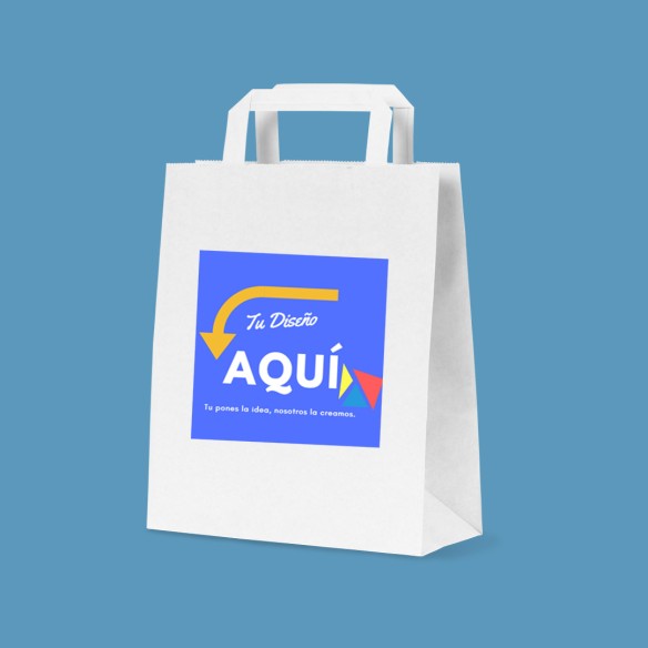 Imprimir Bolsa de papel reciclado blanco o marrón, impresa a todo color con Asa Plana