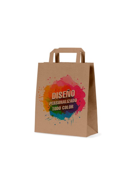 Imprimir Bolsa de papel reciclado blanco o marrón, impresa a todo color con Asa Plana