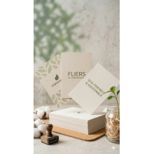 Impresión de flyers en papel offset reciclado 135g, publicidad eco-friendly para eventos, folletos con textura natural.