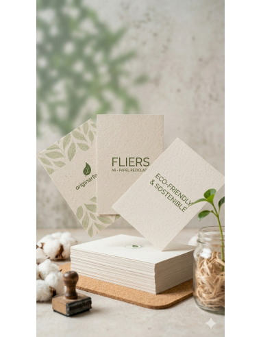 Impresión de flyers en papel offset reciclado 135g, publicidad eco-friendly para eventos, folletos con textura natural.