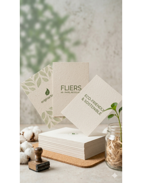 Impresión de flyers en papel offset reciclado 135g, publicidad eco-friendly para eventos, folletos con textura natural.