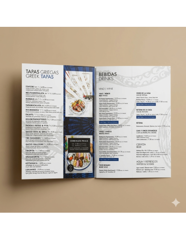 imprimir Carta menú para bar o restaurante Tríptico A4 cerrado - 63x29,7 cm. abierto con entrega gratis