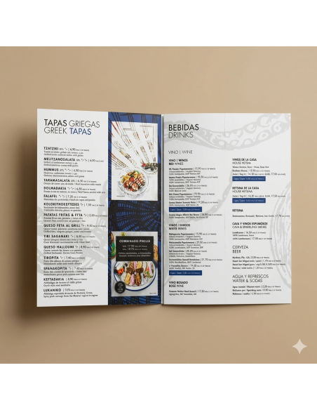imprimir Carta menú para bar o restaurante Tríptico A4 cerrado - 63x29,7 cm. abierto con entrega gratis