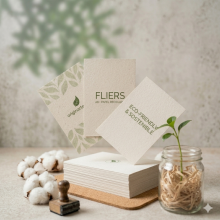 Impresión de flyers A6 en papel offset reciclado 135g, publicidad eco-friendly para eventos