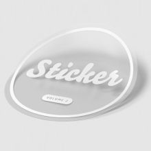 Etiqueta adhesiva redonda transparente con la palabra "Sticker" escrita en blanco