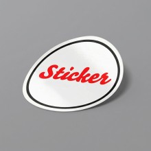 Adhesivo redondo con la palabra "Sticker" en rojo