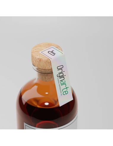 Etiqueta adhesiva efecto perla gofrado en el tapón de una botella
