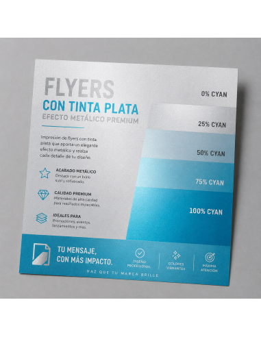 Flyer Cuadrado 10,5×10,5 cm a Dos Caras con Efecto Metálico (Tinta Plata)