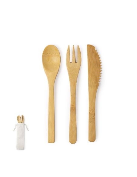 Set de cubiertos Plusin de bambú con funda de algodón